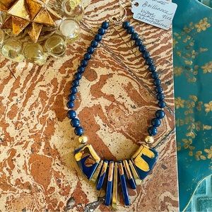 Vintage chic ceramic statement necklace. Cobalt and gold.